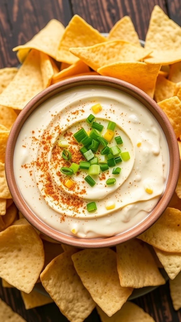 A bowl of creamy corn dip with green onions, served with tortilla chips on a wooden table.